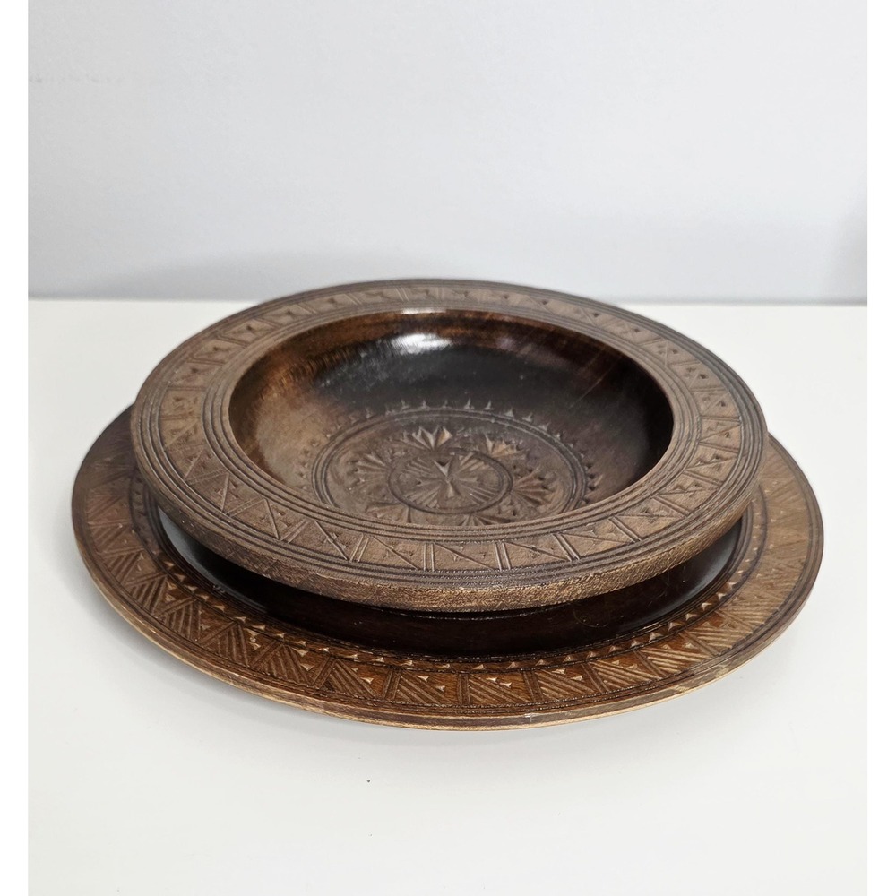 Vintage Hand Carved Wooden Bowl & Charger‎ Plate